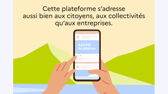 Dans un paysage naturel, des personnages plantent des arbres et prennent soin de la nature. À gauche, deux personnages tiennent un trophée, lauréat des trophées de l'adaptation au changement climatique. Dans le ciel jaune pâle est écrit: «Avec les Solutions fondées sur la Nature, adaptation au changement climatique et protection de la biodiversité font cause commune.»