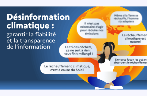À gauche, le texte indique: «Désinformation climatique: garantir la fiabilité et la transparence de l'information». À droite, une femme assise devant son ordinateur se tient la tête à deux mains, fatiguée par tout ce qu'elle lit. Derrière elle, la planète Terre est orange et brûlante. Tout autour d'elle, plusieurs bulles de texte affichent des mensonges ou des excuses sur le climat (comme «le tri des déchets ne sert à rien» ou «le réchauffement climatique est naturel»).
