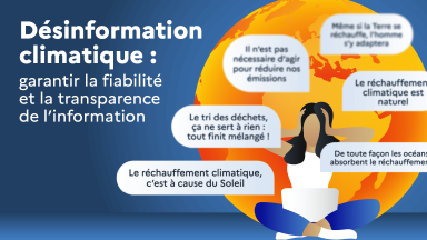 À gauche, le texte indique: «Désinformation climatique: garantir la fiabilité et la transparence de l'information». À droite, une femme assise devant son ordinateur se tient la tête à deux mains, fatiguée par tout ce qu'elle lit. Derrière elle, la planète Terre est orange et brûlante. Tout autour d'elle, plusieurs bulles de texte affichent des mensonges ou des excuses sur le climat (comme «le tri des déchets ne sert à rien» ou «le réchauffement climatique est naturel»).