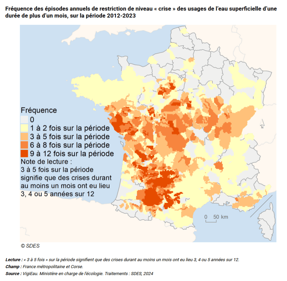 Fréquence des épisodes annuels de restriction de niveau « crise » des usages de l'eau superficielle d'une durée d'un mois, sur la période 2012-2023