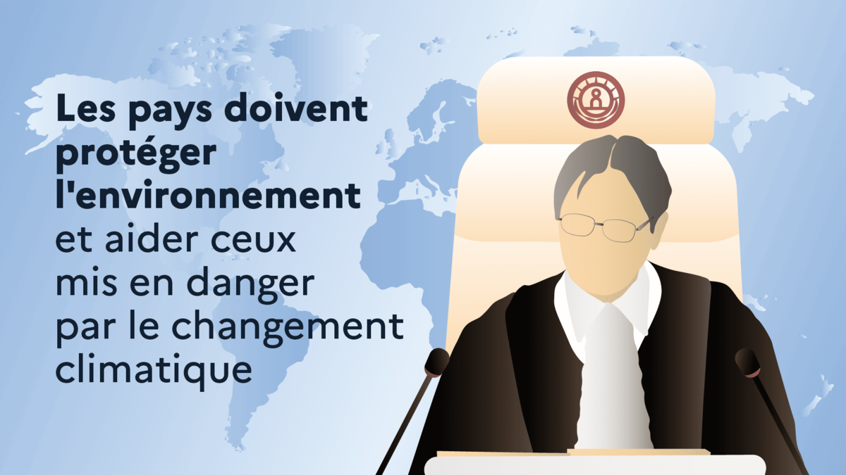  À l'arrière-plan, on peut voir une carte du monde. Au première-plan, à droite, un juge assis sur son siège, devant lequel il y a deux micros. À gauche, le texte : « les pays doivent protéger l'environnement et aider ceux mis en danger par le changement climatique. »