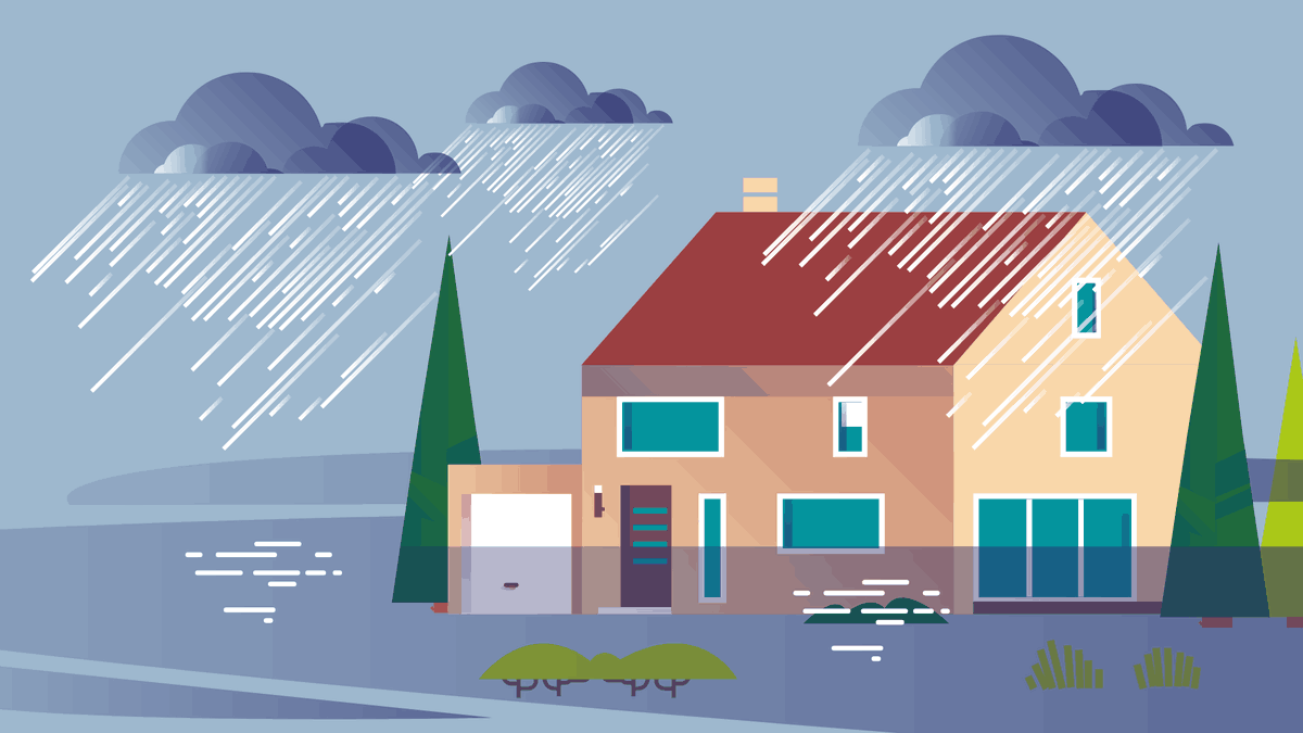 Maison inondée, avec des nuages et de la pluie