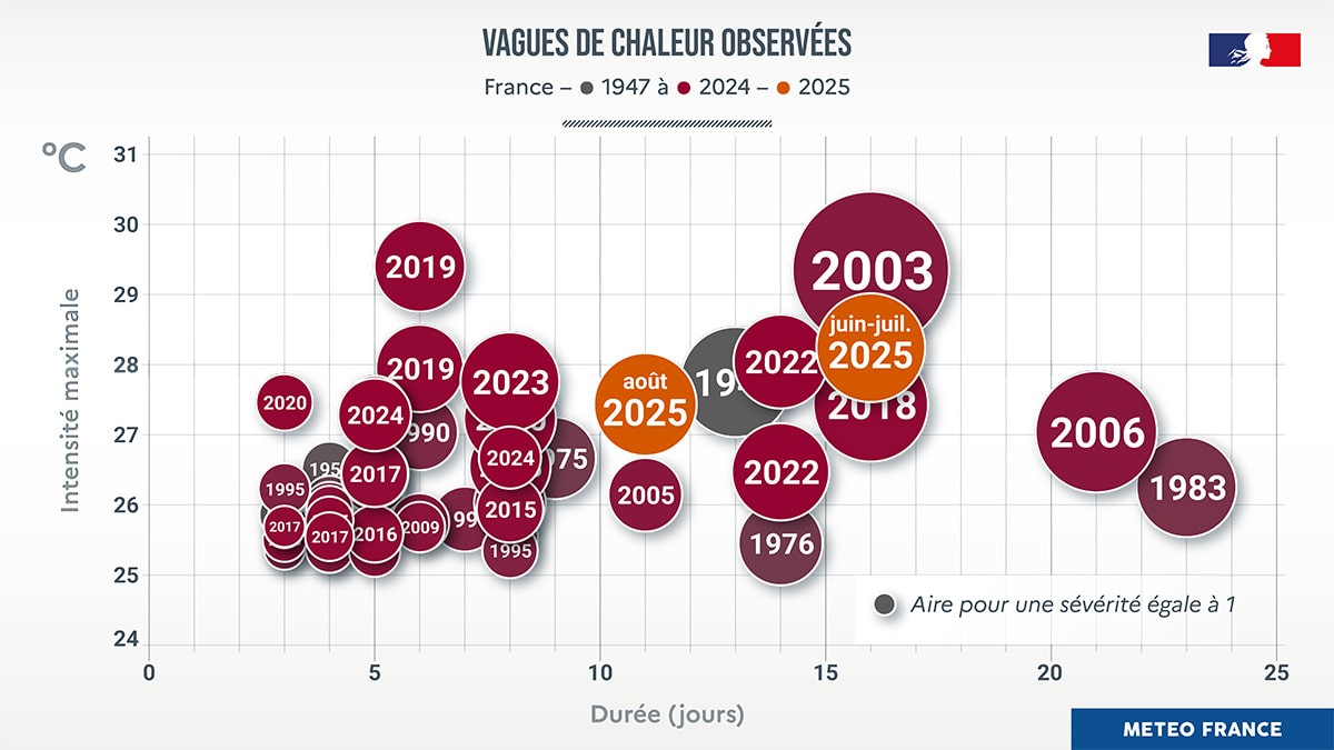 Cette infographie de Météo-France montre l'évolution des vagues de chaleur en France depuis 1947. On y voit que ces épisodes sont devenus à la fois plus fréquents, plus longs et plus intenses depuis les années 2000, avec des records marquants en 2003, 2019, 2022 et 2025.