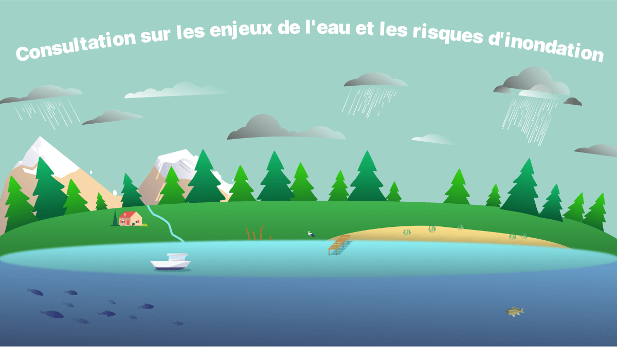  Illustration d'un paysage avec des montagnes en arrière-plan et un cours d'eau se déversant dans la mer. Le texte indique « consultation sur les enjeux de l'eau et les risques d'inondation ».