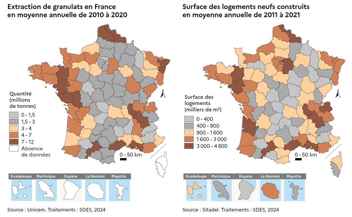 Deux cartes de France sont mises en regard. Celle de gauche représente la moyenne annuelle des granulats entre 2010 et 2020. Celle de droite la surface des logements neufs construits par an entre 2011 et 2022. Il apparaît que, globalement, les départements où le volume de granulats extraits est le plus important sont ceux qui ont construit le plus de logements. Ce qui illustre l'utilisation principalement locale des granulats extraits sur le territoire français dans le domaine de la construction.