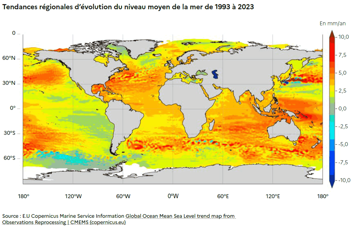 Tendances régionales d'évolution du niveau moyen de la mer de 1993 à 2023