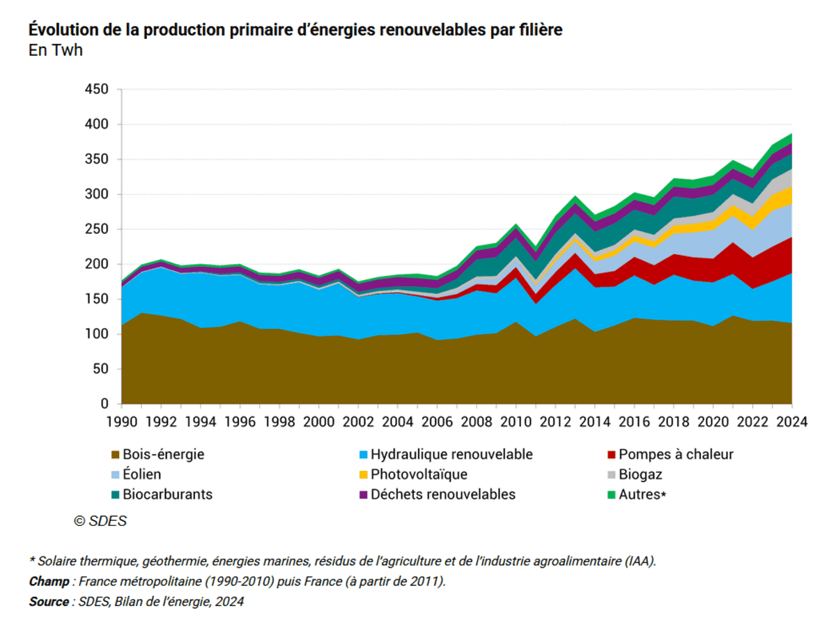 Évolution de la production primaire d'énergies renouvelables par filière