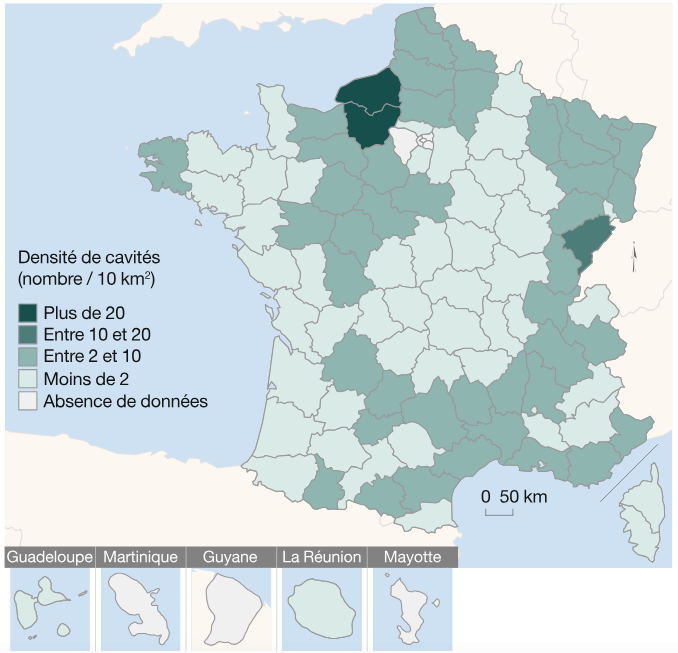 Nombre de cavités souterraines sur 10 km2 par département 